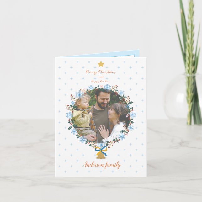 Cartão De Festividades Feliz Natal Floral e Foto de Ano Novo (Frente)