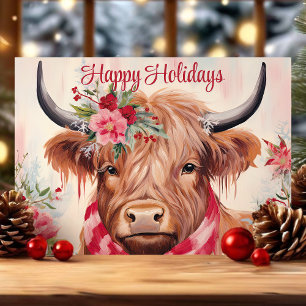 Cartão De Festividades Feliz Natal Floral Vaca Highland Natal