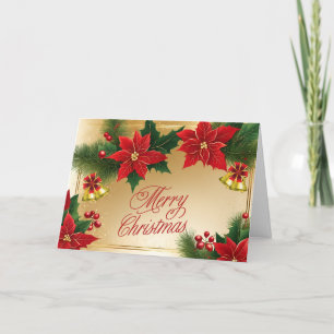 Cartão De Festividades Feliz Natal Flores de Poinsettia Vermelha, Sinos