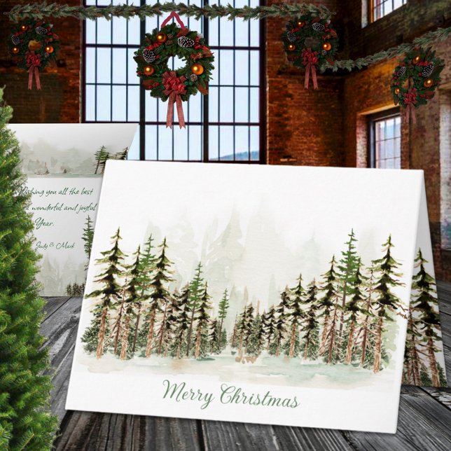 Cartão De Festividades Feliz Natal Floresta de Pinheiros Aquarela (Merry Christmas Woodland Pine Forest Watercolor Holiday Wraparound Graphics Folded Card)