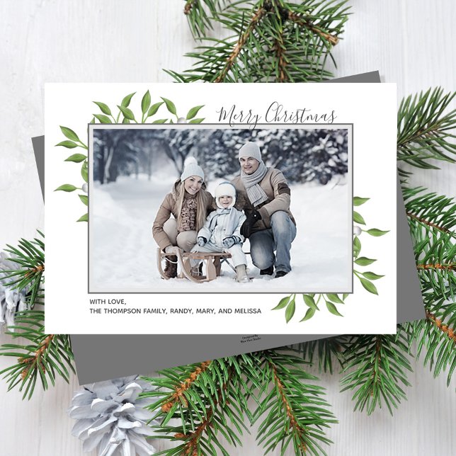 Cartão De Festividades Feliz Natal - Folhagem Tradicional (Merry Christmas holiday greenery photo card with a grey border. )