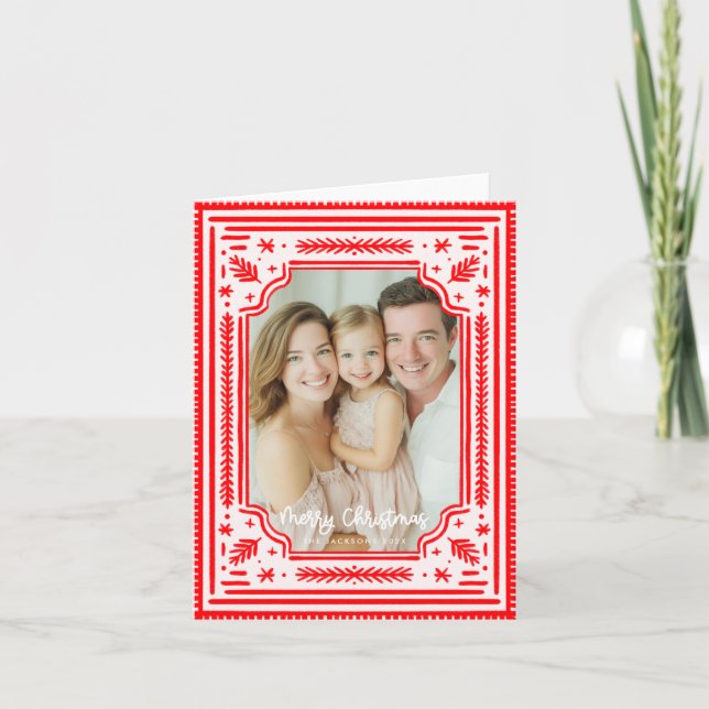 Cartão De Festividades Feliz Natal Folk Red Skandinavian Design (Frente)