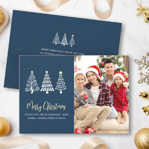 Cartão De Festividades Feliz Natal Foto Árvores Rótulo Caprichoso Azul