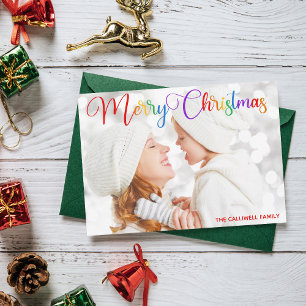 Cartão De Festividades Feliz Natal - Foto Bonito da Família Rainbow Scri