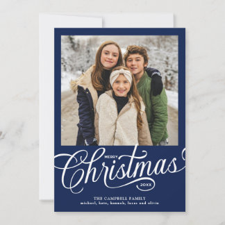 Cartão De Festividades Feliz Natal Foto da Família com Script Azul
