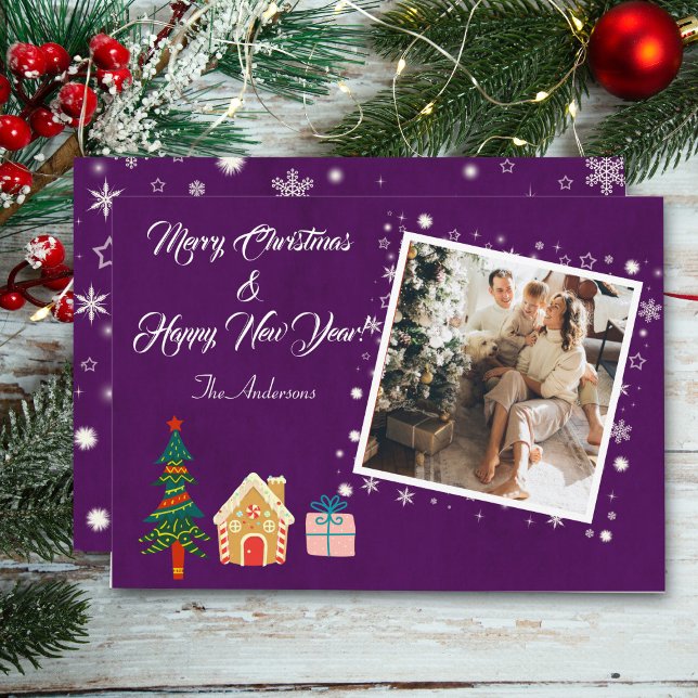 Cartão De Festividades Feliz Natal Foto da Família Roxo (Criador carregado)