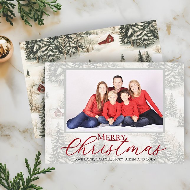 Cartão De Festividades Feliz Natal - Foto da Família Woodland Russa (Rustic Winter Woodland Family Photo Christmas Card. Personalize with your Picture and Names)