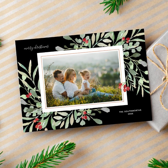 Cartão De Festividades Feliz Natal Foto de inverno Foliage Red Berries (Criador carregado)