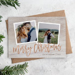 Cartão De Festividades Feliz Natal - Foto de Script Rosa Dourado Russo<br><div class="desc">Barato Cartões de foto de Natal impressos personalizados com modelos simples para personalização. Este design de chic rústico apresenta um modelo de 2 fotos com texto faux rosa dourado do script em um fundo de aparência de madeira. Personalize-o com suas fotos, nome da família, ano ou outro texto personalizado. Por...</div>
