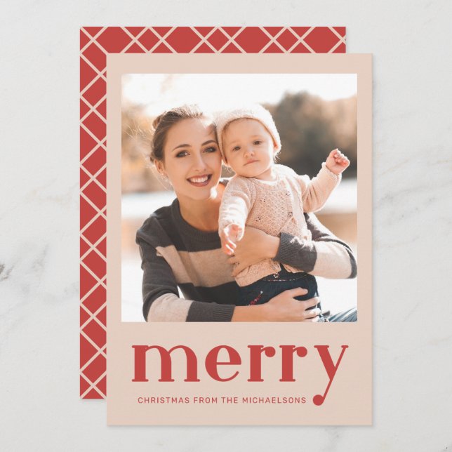 Cartão De Festividades Feliz Natal - Foto de Verificação de Xadrez Vermel (Frente/Verso)
