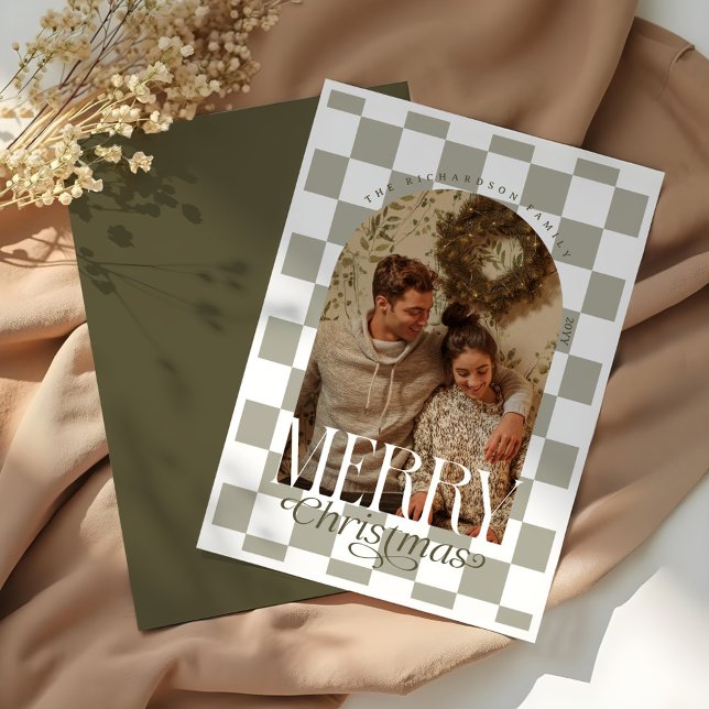 Cartão De Festividades Feliz Natal - Foto do Arco do Quadro de Controle (Merry Christmas Retro Checkerboard Arch Photo Holiday Card)