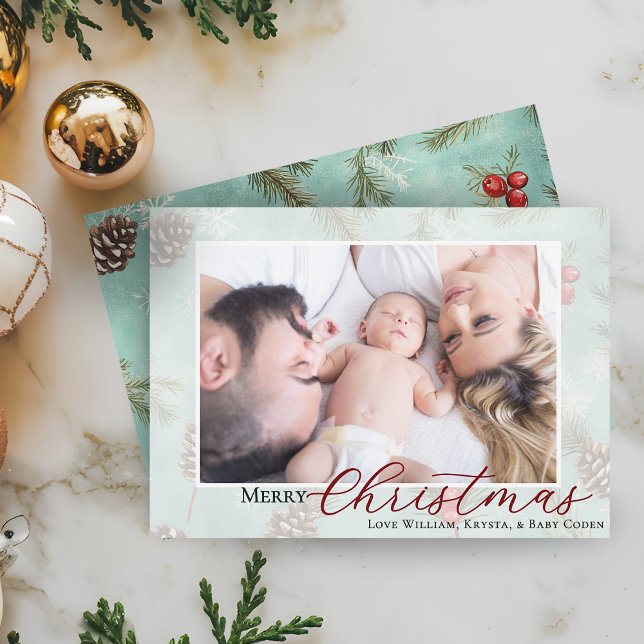 Cartão De Festividades Feliz Natal Foto do inverno Greenery (Merry Christmas Photo Winter Greenery Holiday Card)