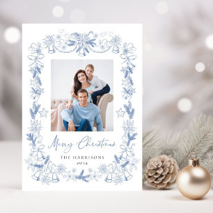Cartão De Festividades Feliz Natal Foto Dusty Blue Chinoiserie Frame
