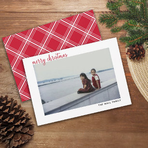 Cartão De Festividades Feliz Natal Foto Horizontal Moderno Script Vermelh