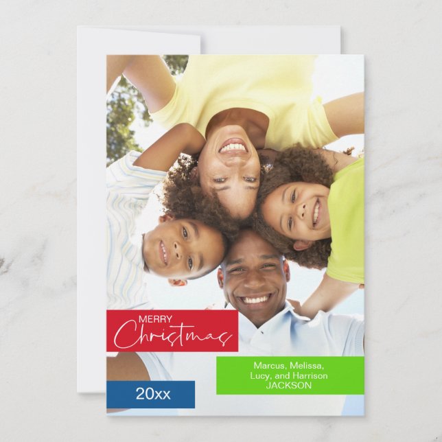 Cartão De Festividades Feliz Natal Foto Vermelha Verde Greve Azul Simples (Frente)