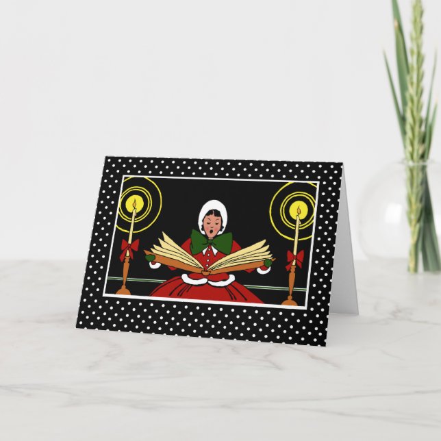 Cartão De Festividades Feliz Natal, Garota Festiva Cantando uma Música Ca (Frente)