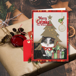 Cartão De Festividades Feliz Natal Gatinho Fofo Laço Vermelho