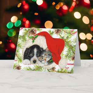 Cartão De Festividades Feliz Natal Gatinho Gato Cachorrinho Cão Personali