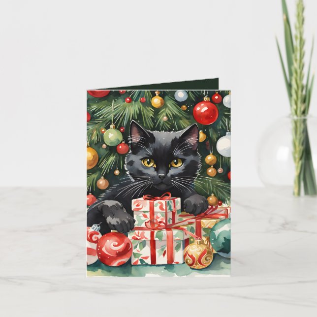 Cartão De Festividades Feliz Natal Gatinho Preto e Árvore de Natal (Frente)