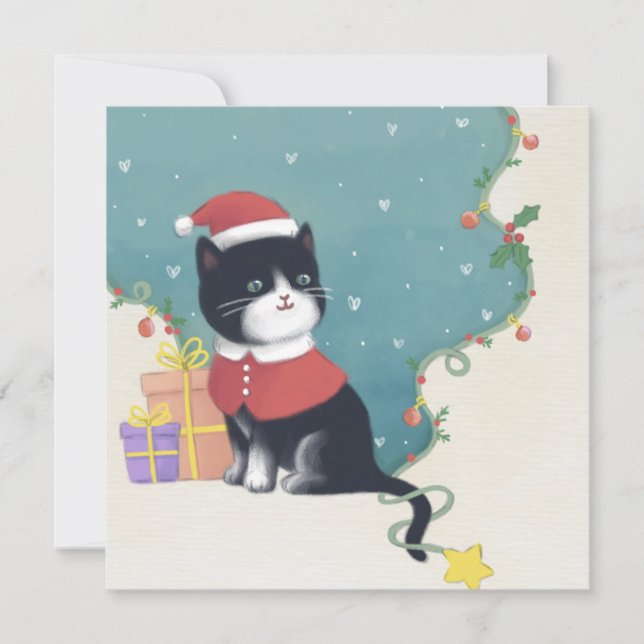 Cartão De Festividades Feliz Natal: Gato Ilustra Arte (Frente)