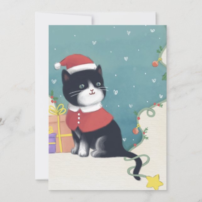 Cartão De Festividades Feliz Natal: Gato Ilustra Arte (Frente)