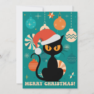 Cartão De Festividades Feliz Natal Gato Moderno de Meados do Século com C
