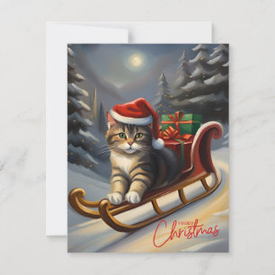 Cartão De Festividades Feliz Natal Gato Papai Noel no Trenó