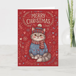 Cartão De Festividades Feliz Natal Gato Vestindo Suéter e Chapéu