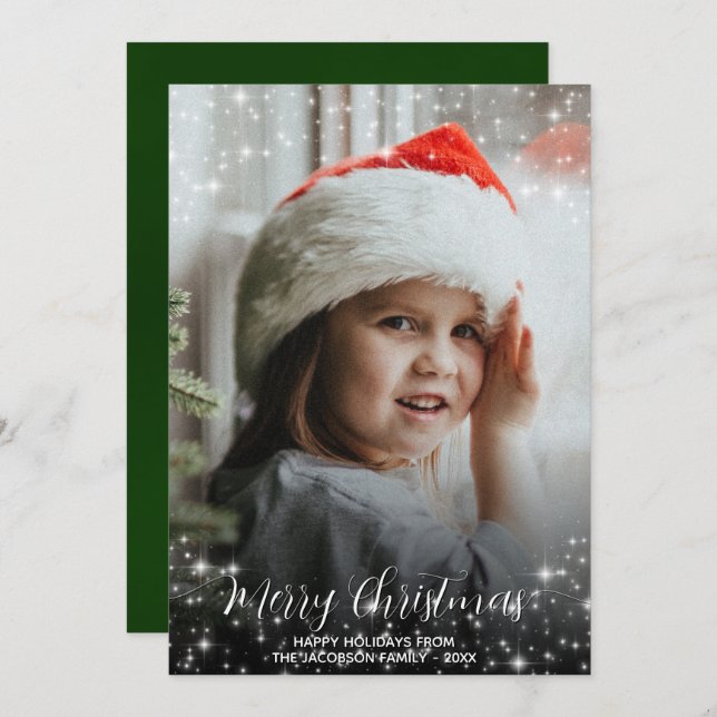 Cartão De Festividades Feliz Natal Glitter Stars Foto Sobreposição Verde (Frente/Verso)