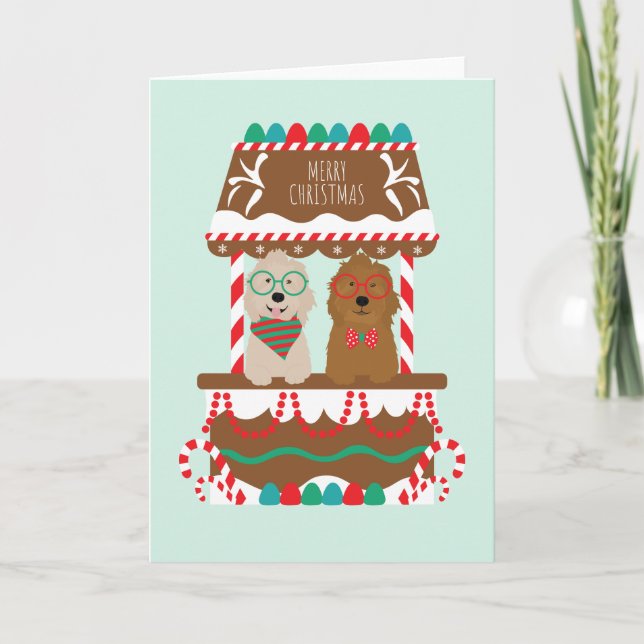 Cartão De Festividades Feliz Natal Goldendoodles Stand de Férias Cachorro (Frente)
