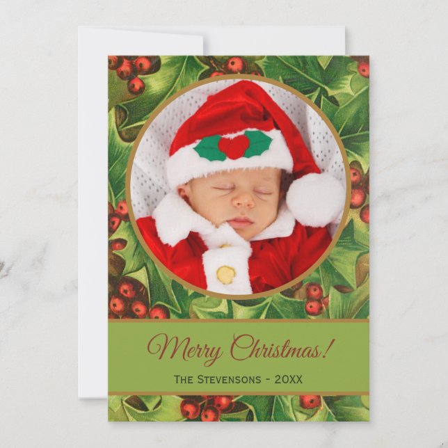 Cartão De Festividades Feliz Natal Green Holly Red Script Baby Photo (Frente)