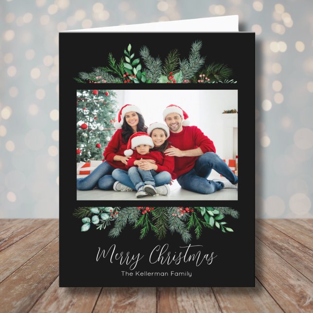 Cartão De Festividades Feliz Natal Greenery Foto Moderna (Merry Christmas Greenery Modern Black Photo Holiday Card)