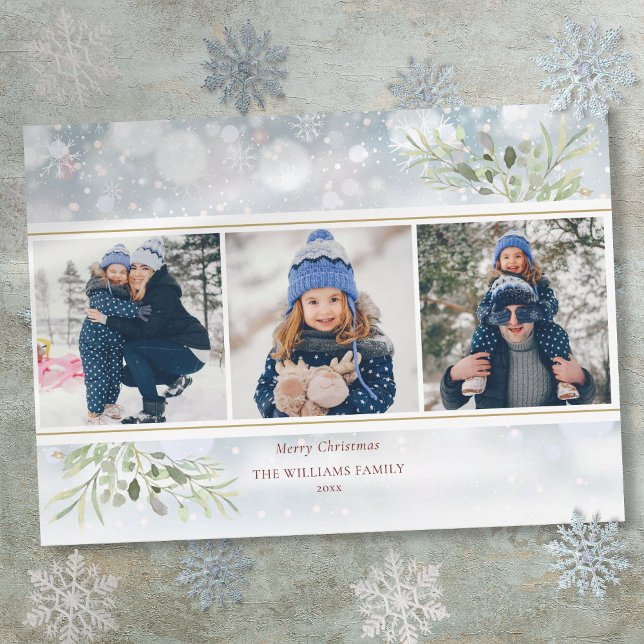 Cartão De Festividades Feliz Natal Greenery Snowflakes Colagem de Fotos (Merry Christmas Greenery Snowflakes Photo Collage Holiday Card)