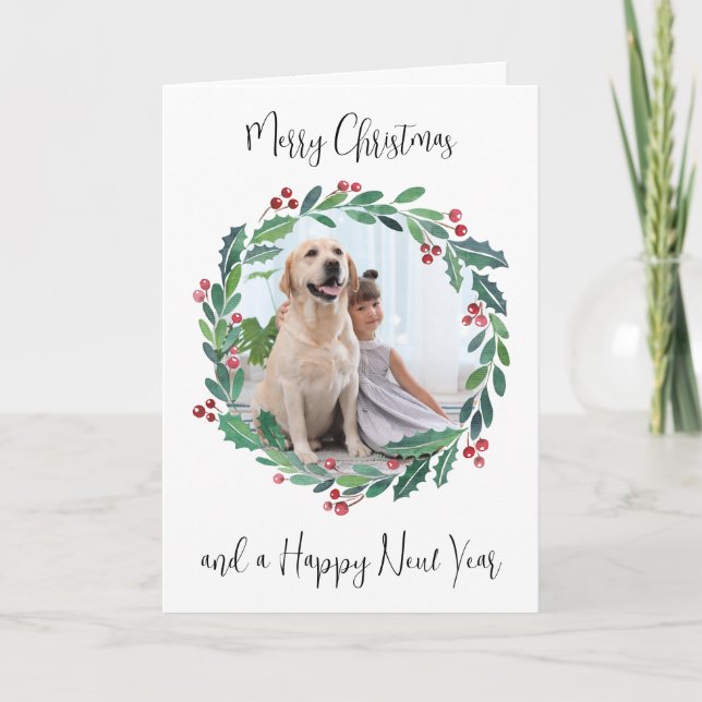 Cartão De Festividades Feliz Natal Greenery Wreath Foto Personalizada (Frente)