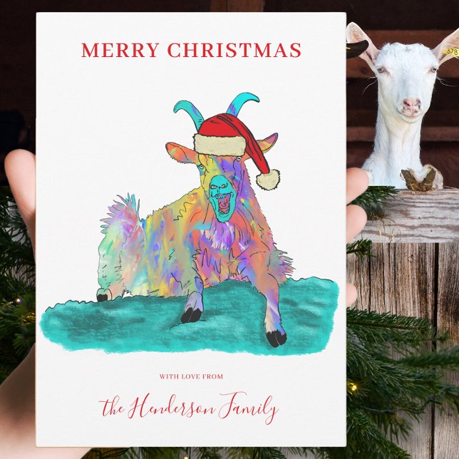 Cartão De Festividades Feliz Natal Gritando Cabra Vestindo um Chapéu Sant (Funny Christmas screaming goat wearing a Santa hat custom holiday greetings card colour animal art)