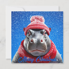 Cartão De Festividades Feliz Natal Hippo Santa Chapéu e cachecol