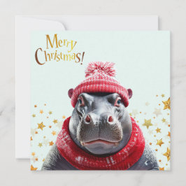 Cartão De Festividades Feliz Natal Hippo Santa Chapéu e cachecol