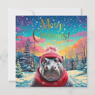 Cartão De Festividades Feliz Natal Hippo Santa Chapéu e cachecol