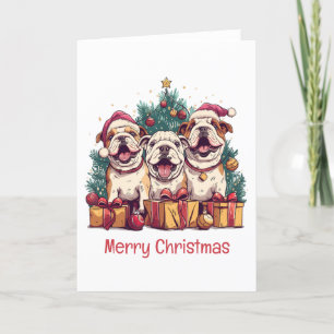 Cartão De Festividades Feliz Natal Inglês Bulldog Santa Hats