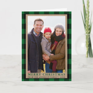 Cartão De Festividades Feliz Natal Kraft Green Tartan Foto dobrada