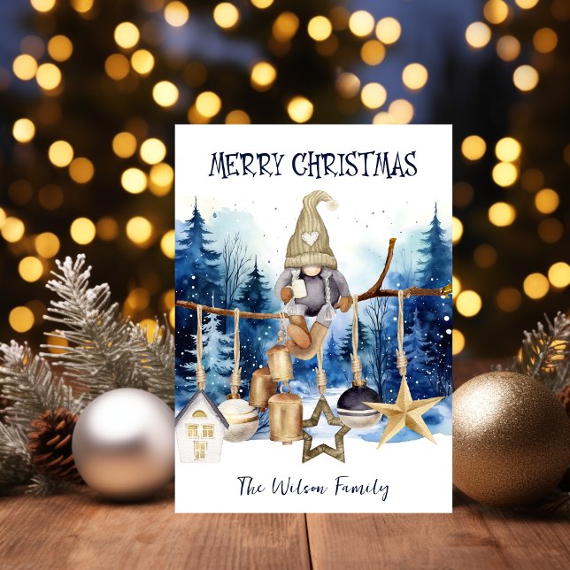 Cartão De Festividades Feliz Natal Lady Gnomo sobre Floresta Azul (Criador carregado)