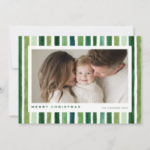 Cartão De Festividades Feliz Natal Listras de aquarela verde