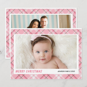 Cartão De Festividades Feliz Natal moderno 2 foto da família xadrez rosa