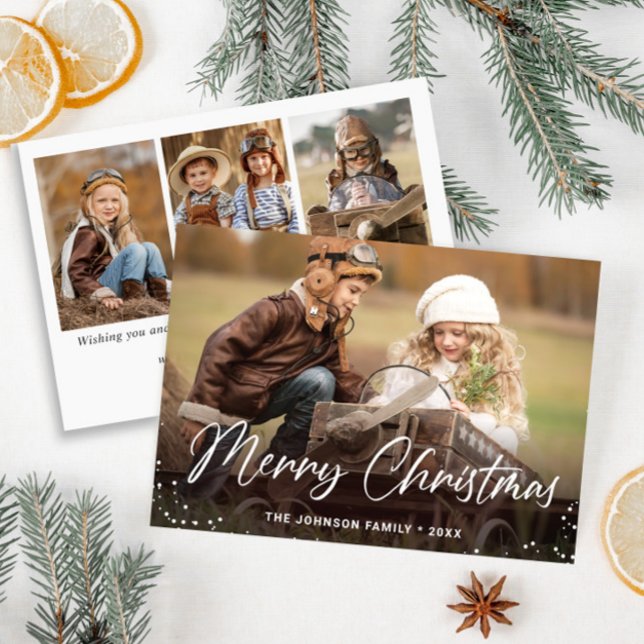Cartão De Festividades Feliz Natal Moderno 4 FOTO Saudação (Customizable Christmas holiday greeting photo card.)