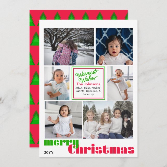 Cartão De Festividades feliz Natal moderno 6 foto Vermelho e Verde (Frente/Verso)