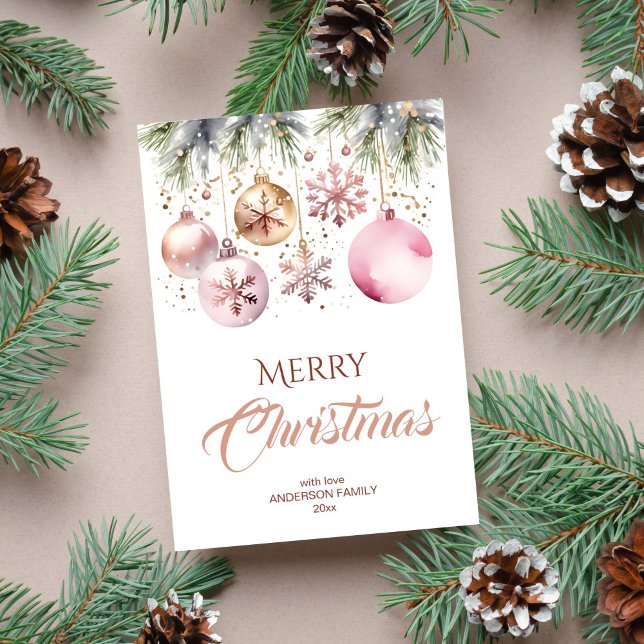 Cartão De Festividades Feliz Natal, moderno bicho metálico (Merry Christmas holiday greeting card template digital template rose gold metallic baubles pines)