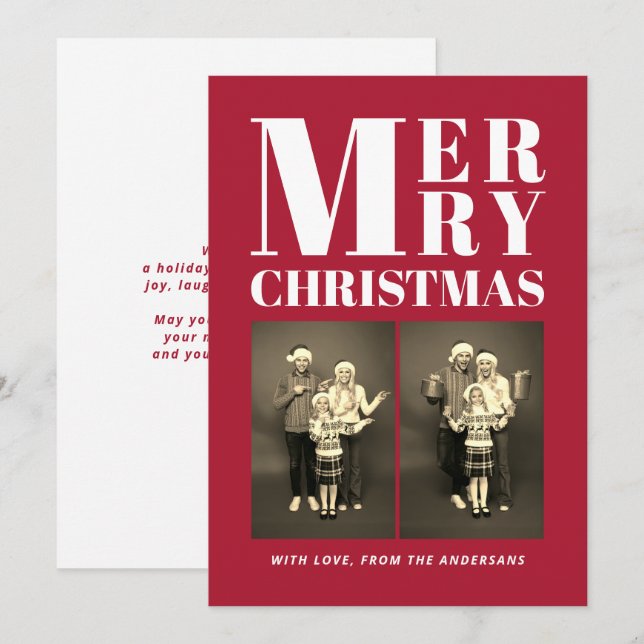 Cartão De Festividades Feliz Natal Moderno Família 2 Foto Colagem Vermelh (Frente/Verso)