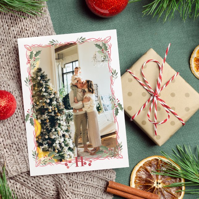 Cartão De Festividades Feliz Natal Monograma Holly Berry Foto (Criador carregado)