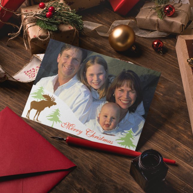 Cartão De Festividades Feliz Natal Moose 3 Pines (Criador carregado)