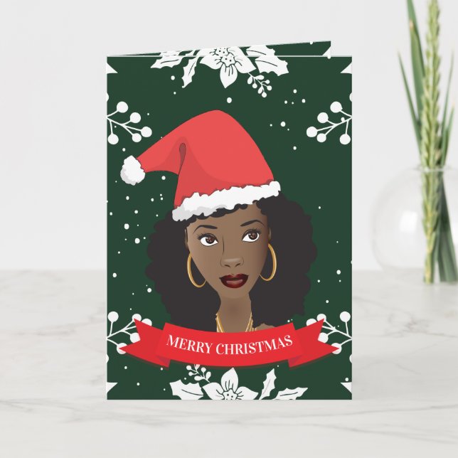 Cartão De Festividades Feliz Natal, Mulher Negra com Papai Noel, Verde (Frente)